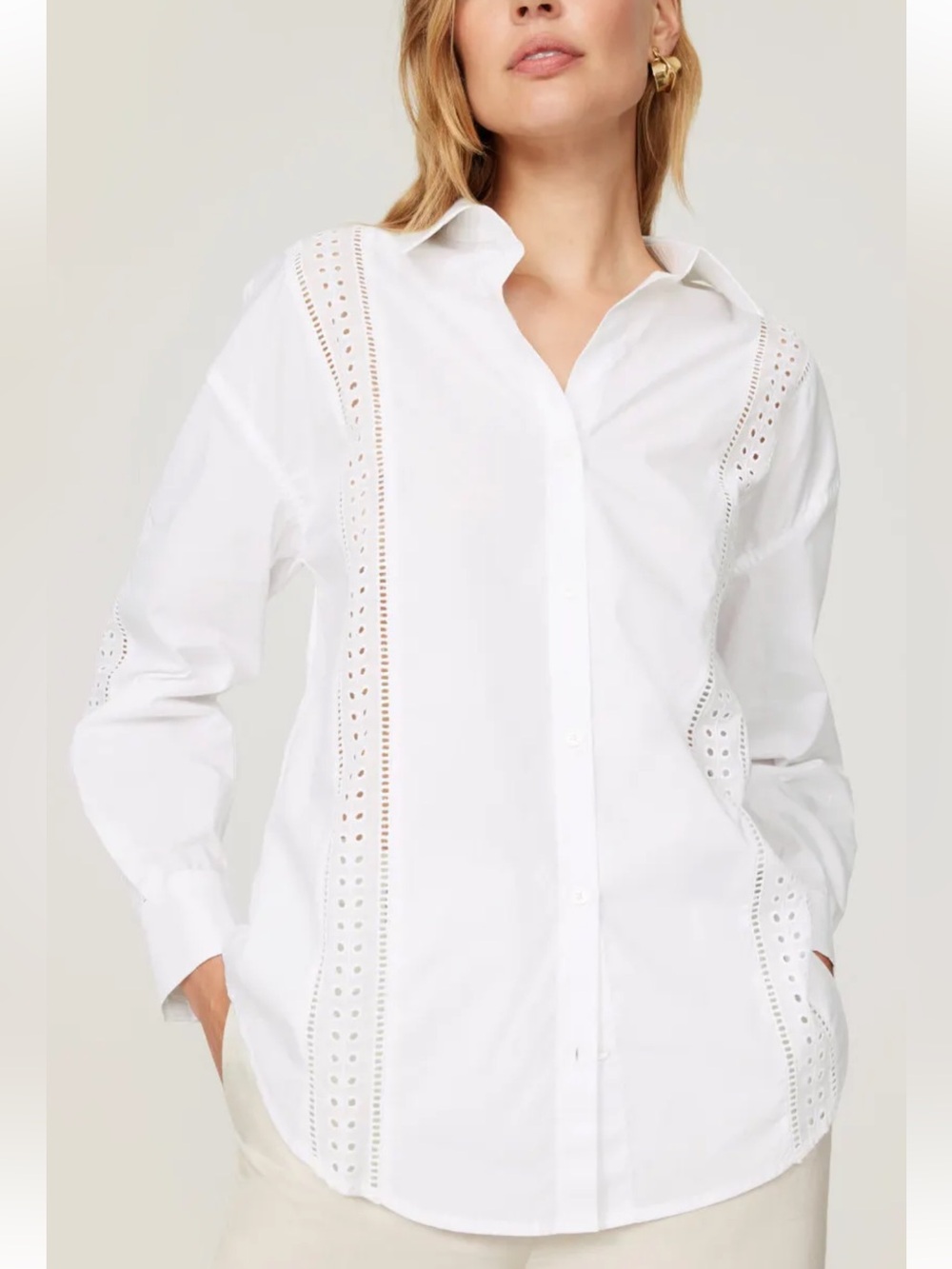 English Factory White Eyelet-Trim Button Down Shirt